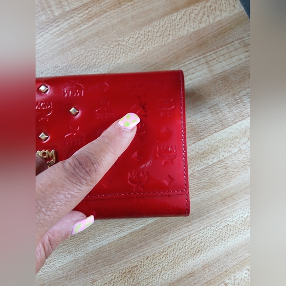 MCM EUC Red Patent Leather Wallet W/Gold Stud Detailing - Picture 8 of 12
